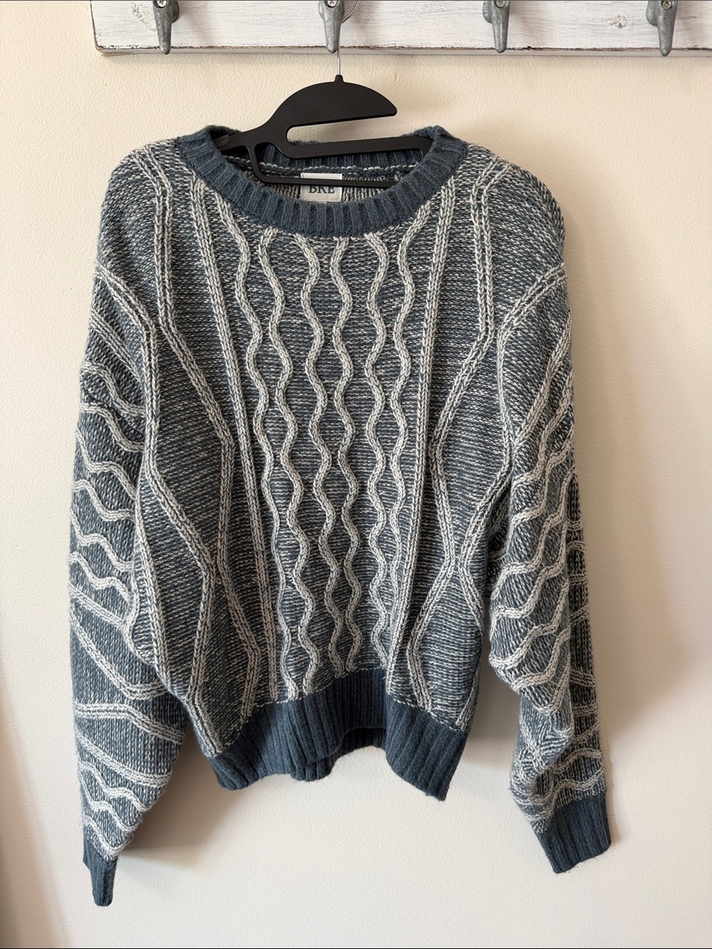BKE Cable Knit Sweater in Heathered Slate/Blue and Cream